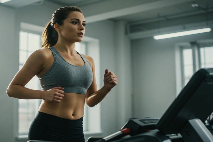 Mulher correndo com foco e determinação em uma esteira moderna em uma academia bem iluminada.