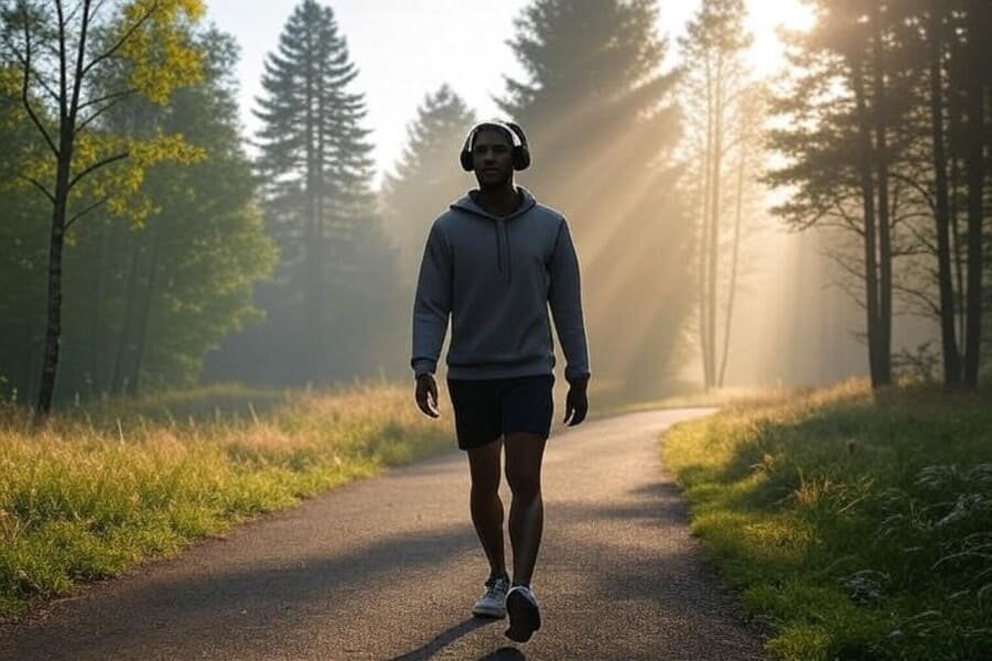 Pessoa caminhando tranquilamente por uma trilha na floresta ao nascer do sol, usando fones de ouvido e roupas casuais de ginástica, cercada por uma suave luz dourada e névoa matinal.