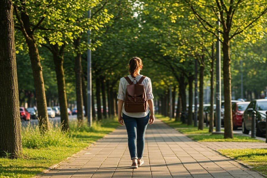 Trajeto para o trabalho e saúde. Mulher jovem caminhando em uma rua verde e arborizada a caminho do trabalho, com a luz do sol da manhã e uma expressão calma.