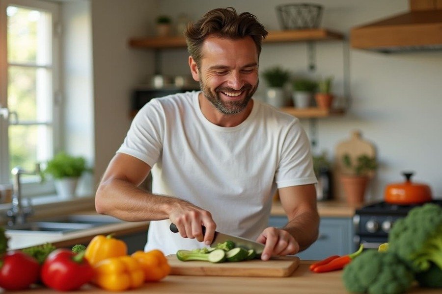 Homem sorrindo enquanto prepara uma refeição saudável com vegetais frescos em uma cozinha iluminada.