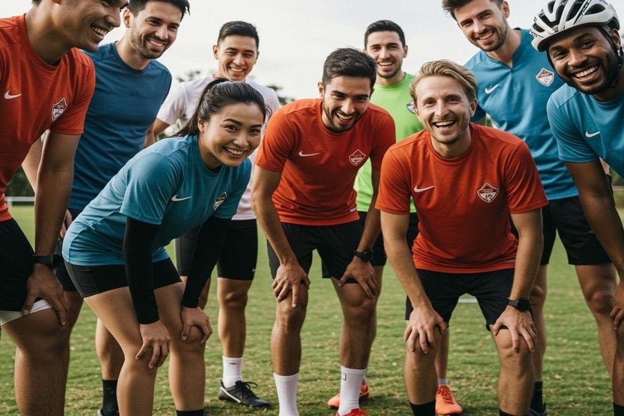 Grupo de pessoas esportistas sorrindo após o treino, uma delas toca o joelho com leve desconforto, sugerindo o cuidado com lesões.
