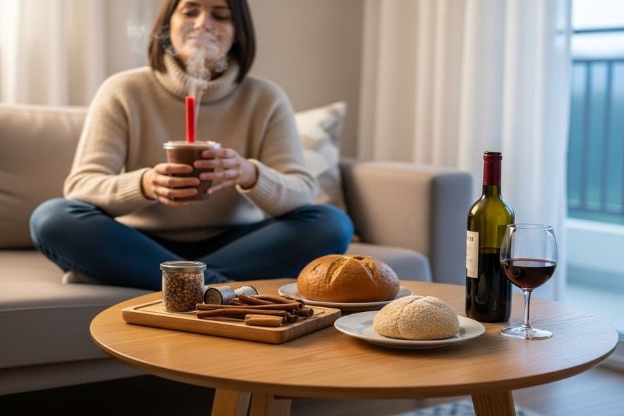 Pessoa sentada em ambiente aconchegante de inverno, enrolada em cobertor, segurando chocolate quente com milho, pinhão e vinho sobre a mesa.