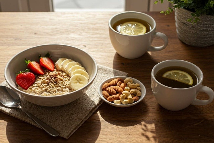 Mesa de café da manhã com tigela de aveia, frutas, chá verde com limão e castanhas sobre uma mesa rústica iluminada pelo sol.