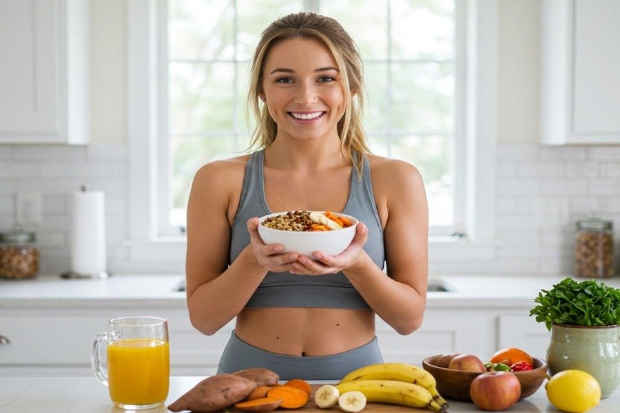 Mulher jovem com roupa de academia segurando um bowl com alimentos saudáveis ricos em carboidratos, como banana, quinoa e batata-doce, sorrindo em uma cozinha iluminada.