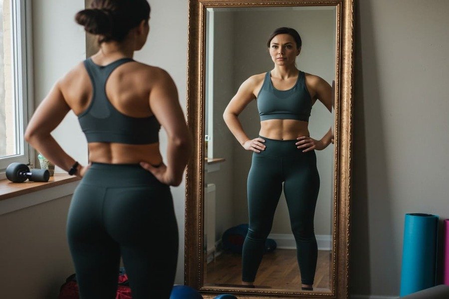 Mulher olhando para o próprio reflexo com expressão decidida, iniciando sua jornada de transformação.