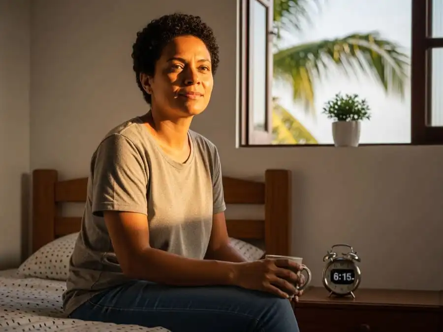 Pessoa acordando cedo com expressão serena, luz suave do nascer do sol entrando pela janela, quarto simples brasileiro, simbolizando decisão consciente e transformação matinal.