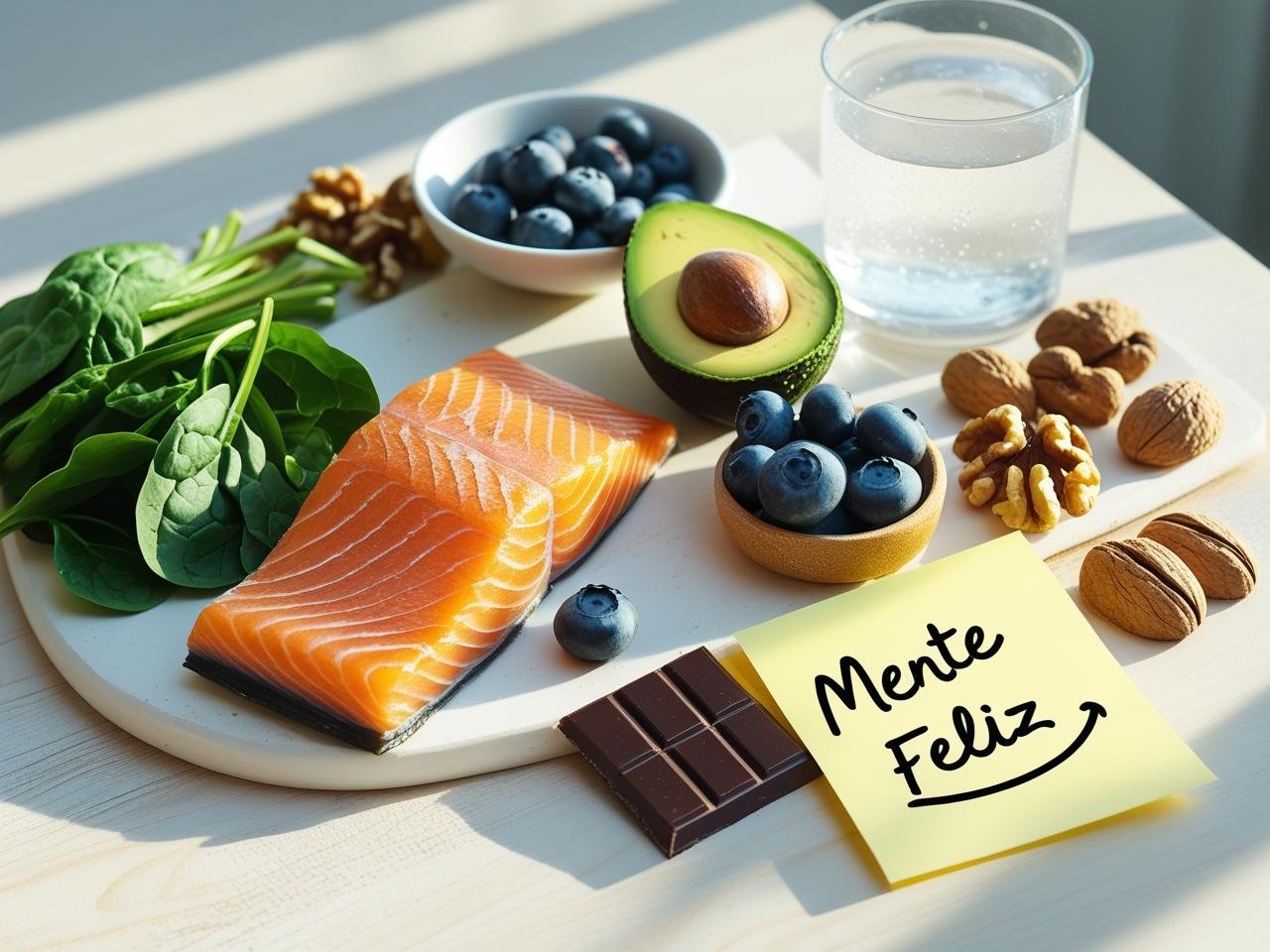 Alimentos saudáveis ​​para o cérebro, incluindo salmão, abacate, mirtilos, nozes e espinafre, dispostos ordenadamente sobre uma mesa de madeira para representar nutrição para a saúde mental.