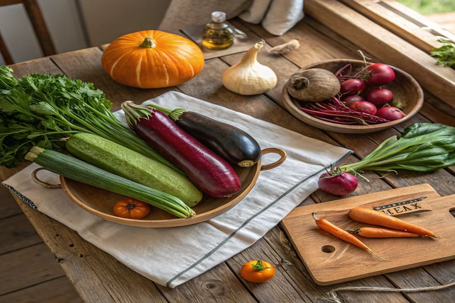 Vista superior de uma tábua com 7 legumes frescos coloridos em uma cozinha iluminada naturalmente.