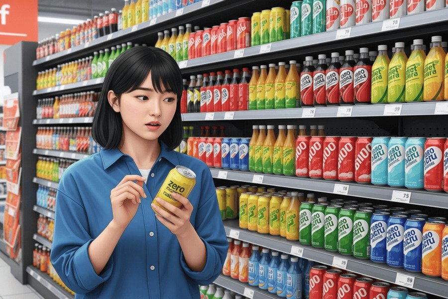 Mulher no supermercado olhando para um refrigerante zero com dúvida no rosto.