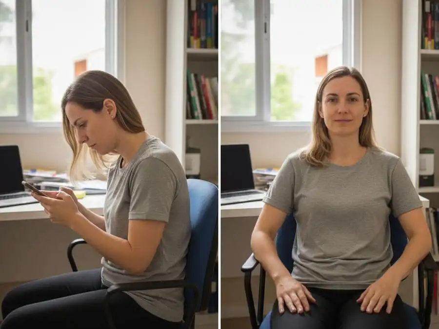 Comparação antes e depois: postura curvada e projetada para frente vs postura alinhada e ereta, luz natural suave de escritório/casa brasileira, simbolizando impacto da era digital e prevenção de dores futuras.
