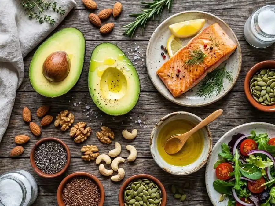 Imagem flat lay e fotorealista de uma variedade de gorduras saudáveis, incluindo abacate fatiado, azeite de oliva, nozes, sementes e salmão, dispostos sobre uma superfície de madeira.