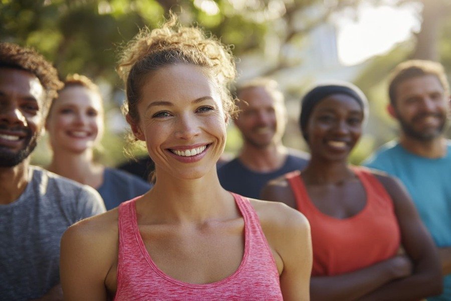 Grupo de pessoas diversas sorrindo ao ar livre com roupas esportivas, representando saúde e confiança.
