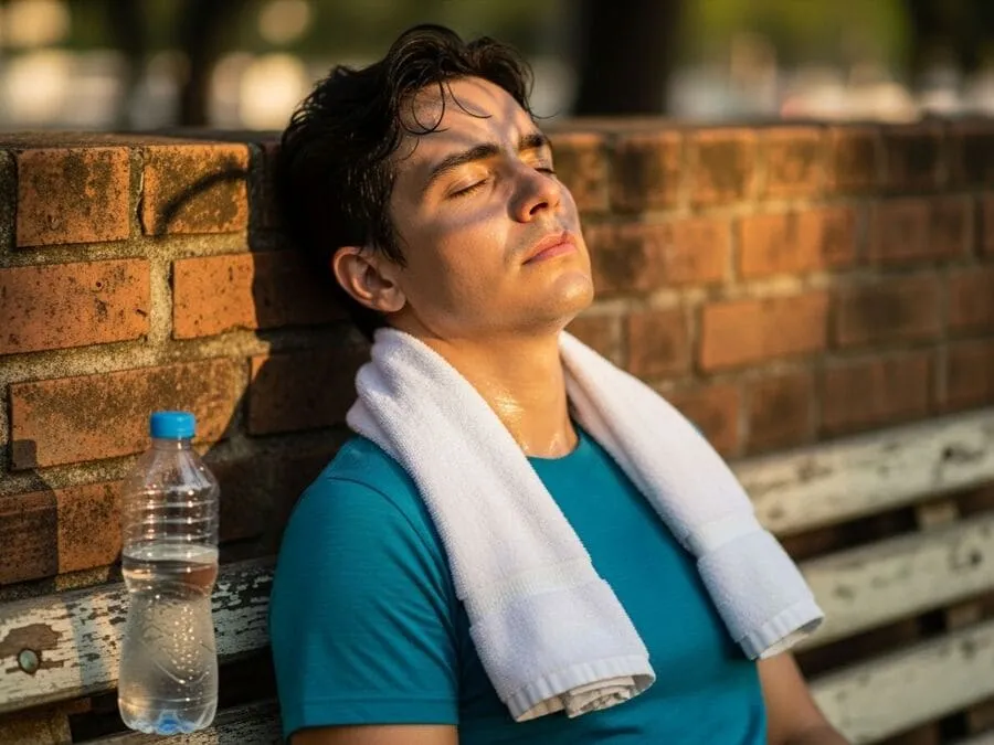 Pessoa exausta sentada no chão após treino, olhos fechados, mostrando sinais de fadiga e necessidade de descanso.