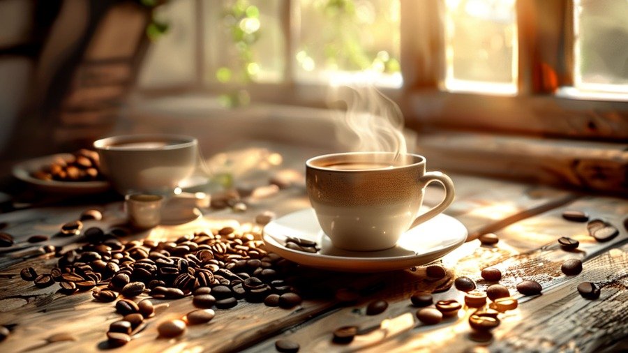 Mesa rústica com uma xícara de café fumegante e grãos de café sob luz suave da manhã.