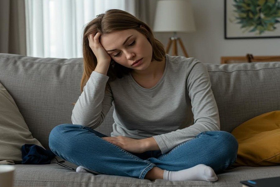 • Mulher cansada sentada no sofá, representando os sintomas comuns da deficiência de proteína no corpo.