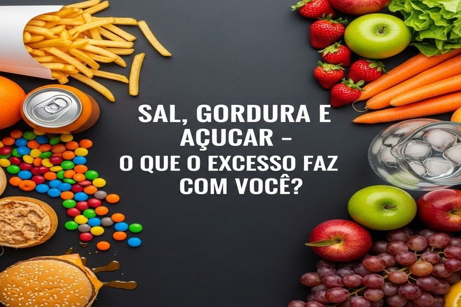 Montagem de alimentos industrializados e naturais lado a lado, destacando o contraste entre os dois tipos de dieta.
