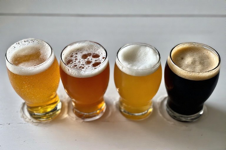 Quatro tipos de cerveja em copos sobre uma mesa clara, indo da Pilsen dourada à Stout escura, destacando cores e espumas