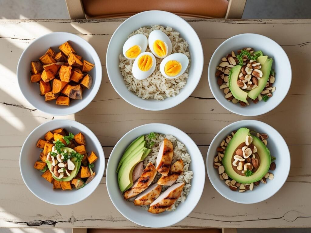 Vista superior de três tigelas com alimentos energéticos: carboidratos, proteínas e gorduras saudáveis em uma mesa de madeira.