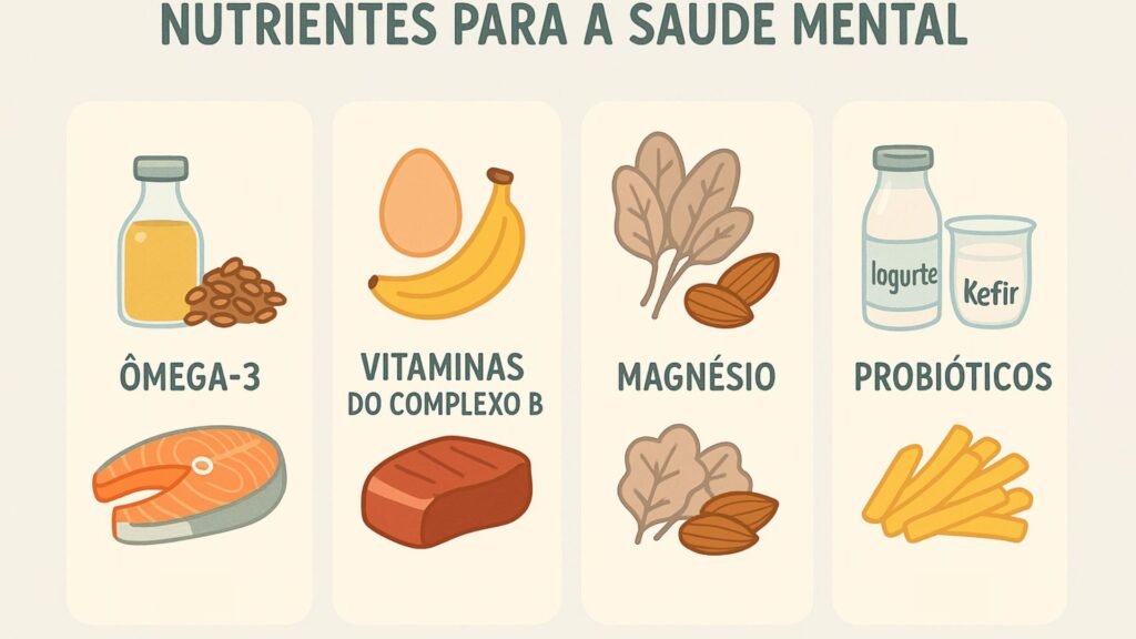 Infográfico mostrando nutrientes para a saúde mental: ômega-3, vitaminas do complexo B, magnésio e probióticos, com ícones alimentares como peixe, iogurte, espinafre e ovos.