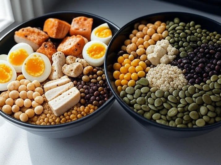 Imagem dividida com alimentos proteicos: ovos e frango de um lado, feijão, tofu e sementes do outro.