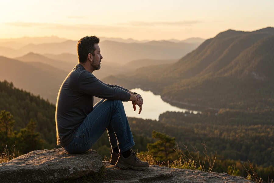 Homem sentado contemplando a natureza, refletindo com tranquilidade sobre suas emoções.