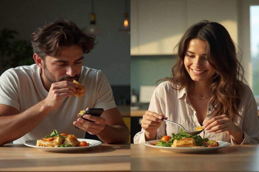 Comparação lado a lado de um homem comendo rápido enquanto está distraído e uma mulher comendo devagar em um ambiente calmo.