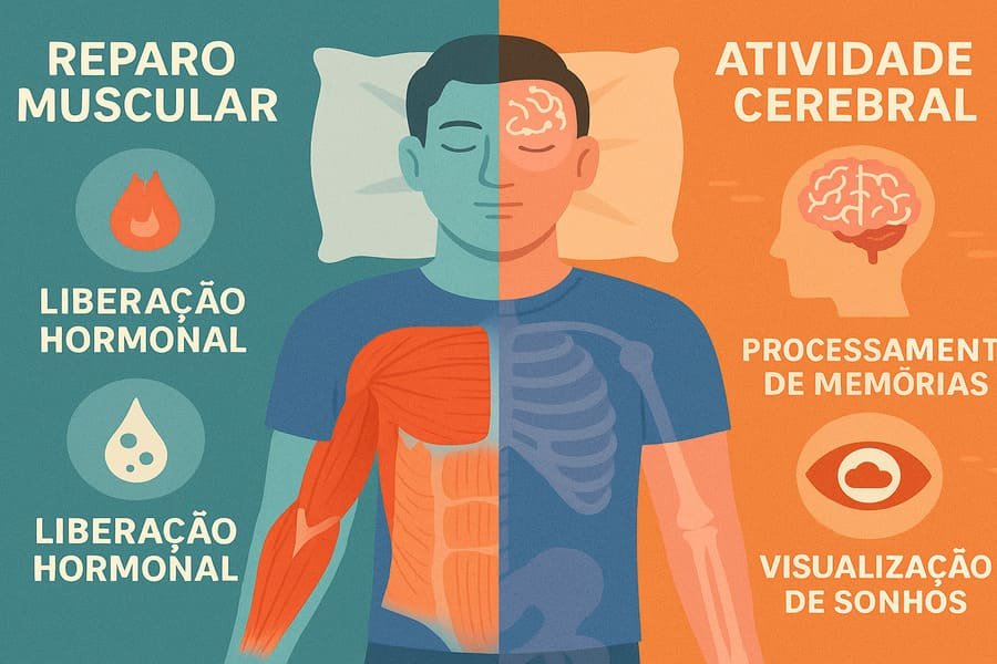 Sono e desempenho esportivo. Infográfico mostrando o corpo reparando os músculos e o cérebro organizando memórias durante o sono.