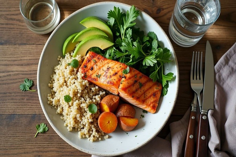 Prato com salmão grelhado, quinoa, abacate, folhas verdes e batata-doce, em composição balanceada.