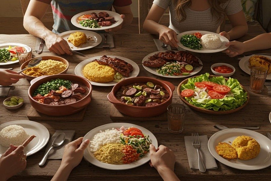Cena acolhedora de uma família brasileira compartilhando uma refeição farta com feijoada, salada e bolo de milho ao redor de uma mesa de madeira, com luz quente e sorrisos.