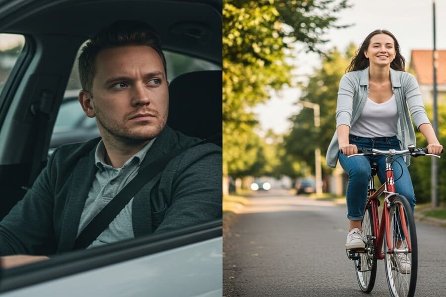 Trajeto para o trabalho e saúde. Imagem dividida mostrando um viajante estressado no trânsito de carros e um ciclista feliz desfrutando de uma rua tranquila, ilustrando o impacto emocional das escolhas de deslocamento.