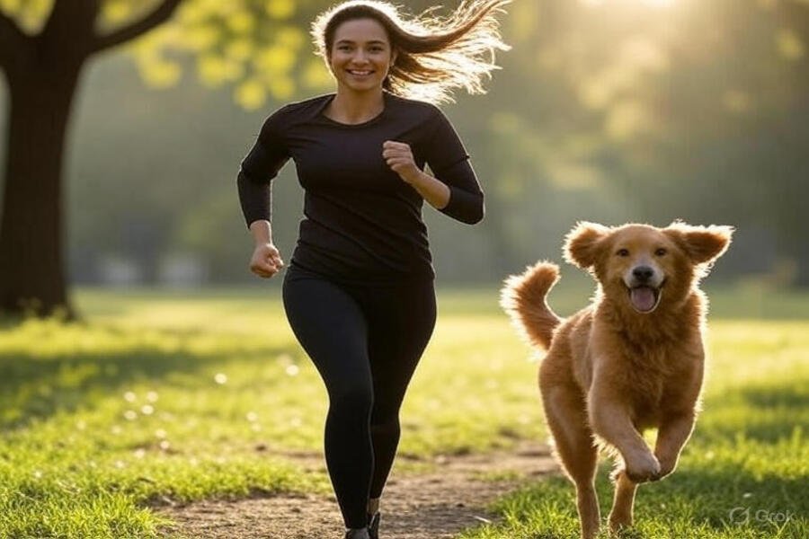 Mulher correndo com seu cachorro em um parque pela manhã, demonstrando energia e vitalidade após emagrecer.