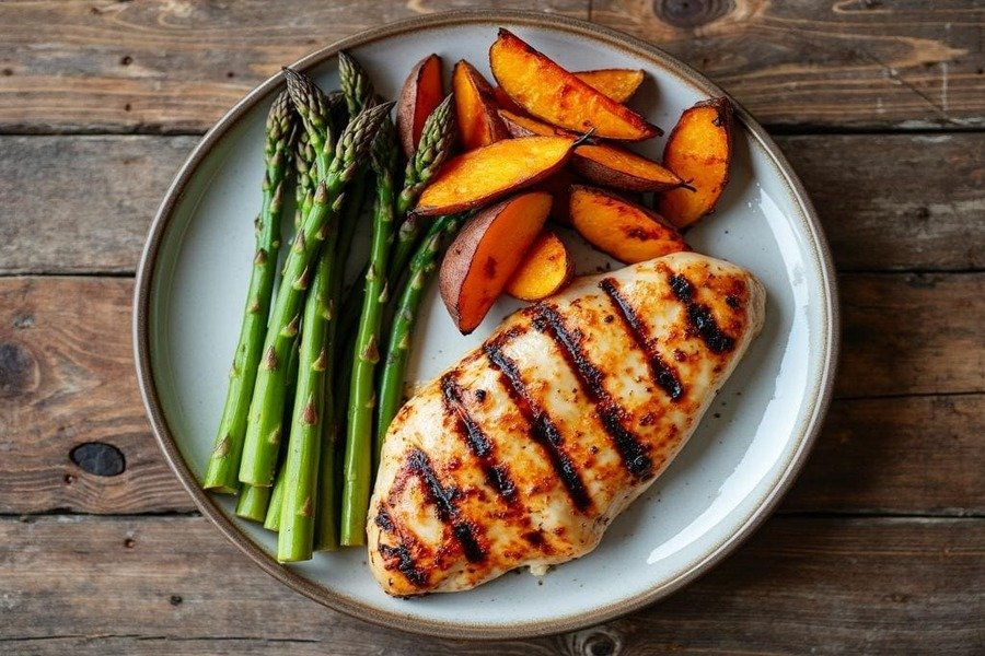 Prato de comida equilibrado com frango grelhado, batata-doce e aspargos, ideal para uma dieta de ganho de massa.