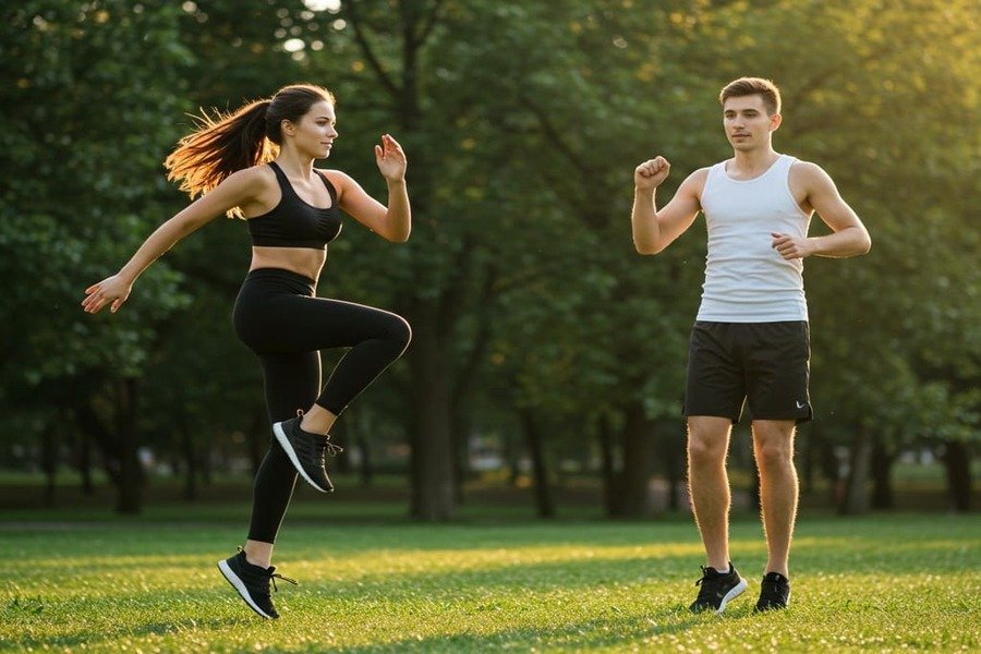 Duas pessoas se aquecendo em um parque, fazendo movimentos dinâmicos antes do exercício físico.