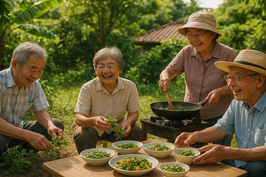 Idosos felizes colhendo e cozinhando alimentos juntos em Okinawa, Japão.