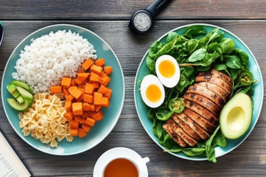 Dois pratos de refeição contrastantes: um rico em carboidratos com arroz e macarrão, o outro pobre em carboidratos com vegetais e frango, mostrados com itens de estilo de vida para treinamento e descanso.