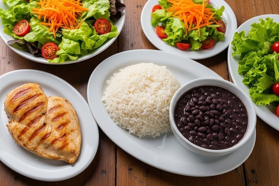 Prato com arroz, feijão, frango grelhado e salada, mostrando uma refeição rica em proteína no estilo brasileiro.