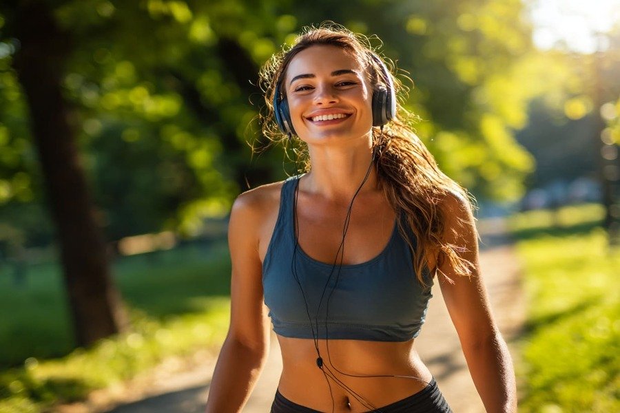 Mulher caminhando sorridente em um parque arborizado pela manhã, representando o início de uma rotina saudável com treino contínuo.
