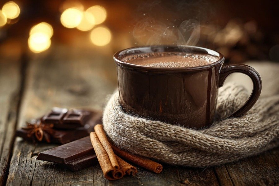 Caneca de chocolate quente feita com chocolate amargo sobre mesa de madeira, cercada por pedaços de chocolate e lenço de lã.