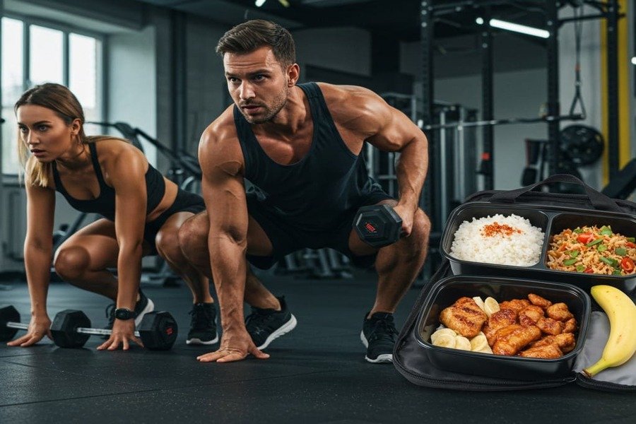 Homem e mulher se exercitando na academia enquanto ao lado há uma refeição pós-treino com banana, frango com arroz e shake de proteína.