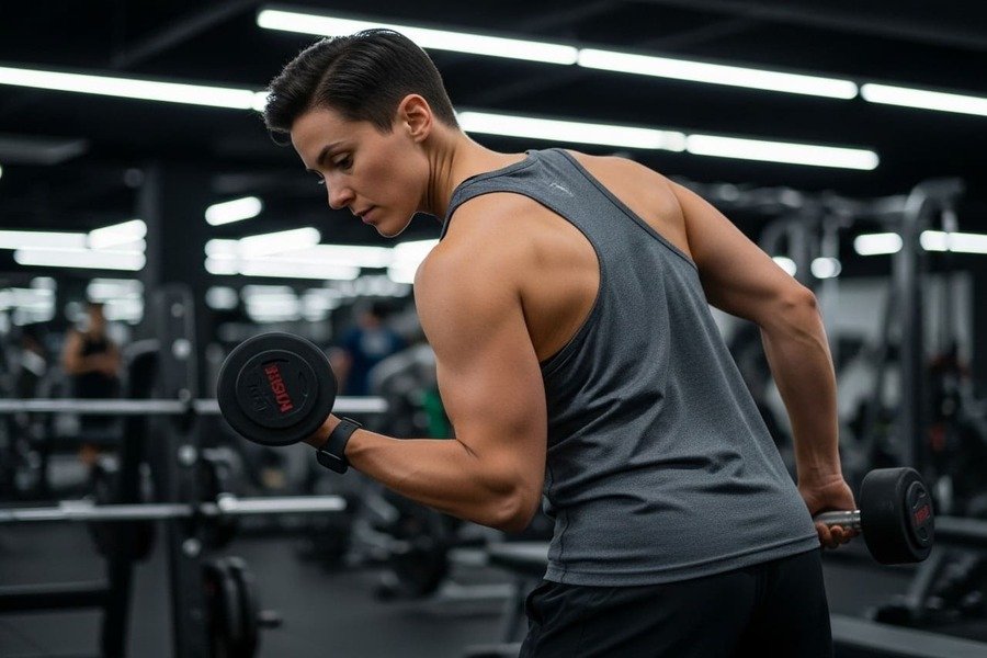 Pessoa fazendo musculação com pesos livres, com leve definição muscular, representando força e saúde.