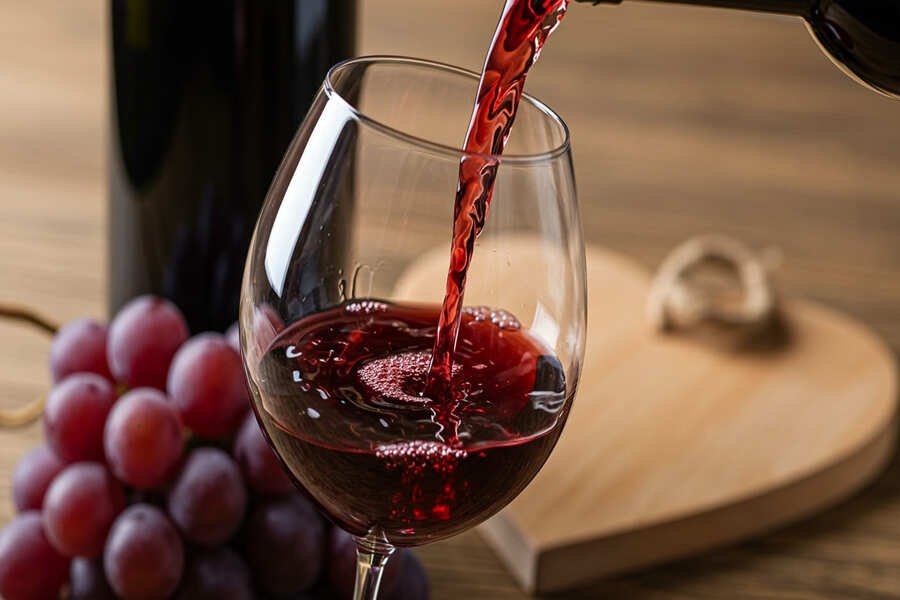 Taça sendo preenchida com vinho tinto, com uvas e uma tábua em forma de coração ao fundo.