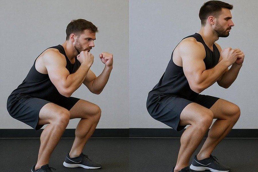 Comparação entre agachamento completo com boa postura e agachamento parcial com má execução em uma academia.