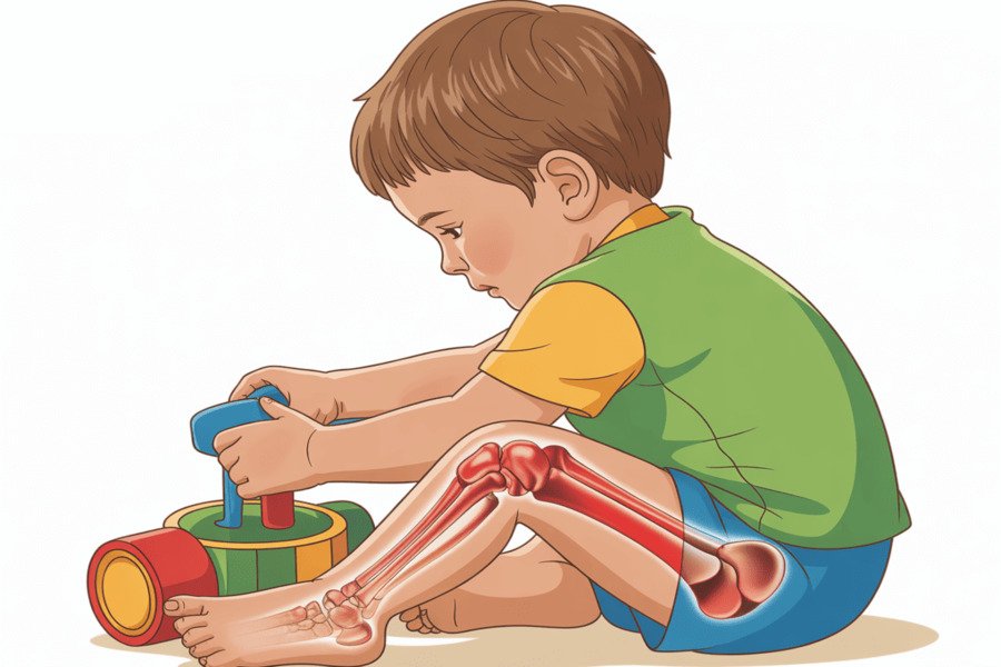 Má postura na infância. Criança sentada em posição “W” com destaque anatômico dos joelhos e quadris.