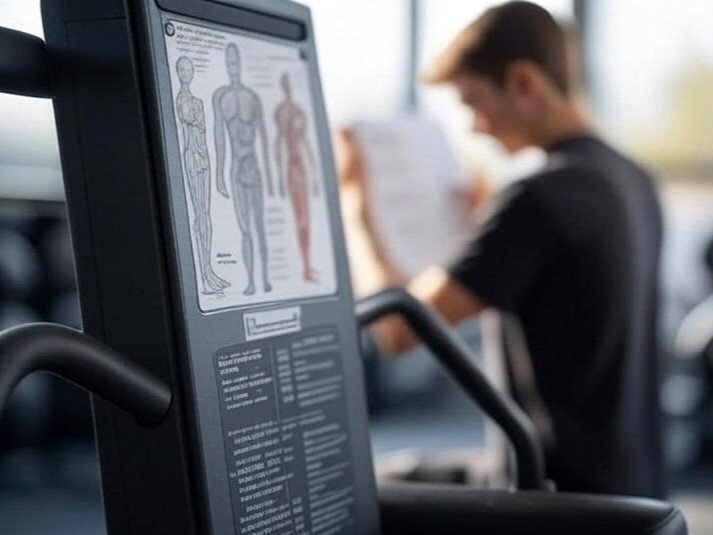 Evitar parecer iniciante na academia. Pessoa observando atentamente o manual de uso em uma máquina de musculação na academia.