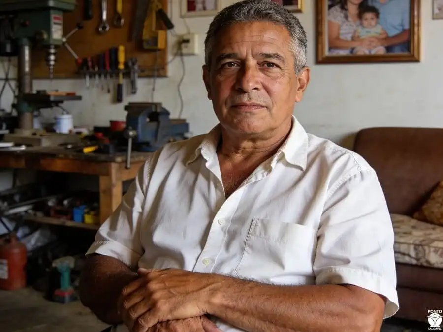 Homem maduro com postura serena e olhar confiante, luz natural, representando autocontrole, resiliência e superação do ego na maturidade masculina.