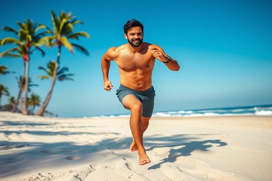 Homem correndo na areia fofa sob o sol, com marcas profundas dos pés e esforço visível no corpo.