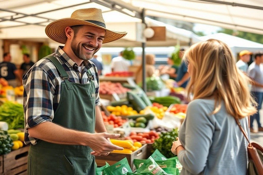 alimentação sustentável e Feirante sorrindo entrega alimentos frescos para cliente em uma feira ao ar livre.
