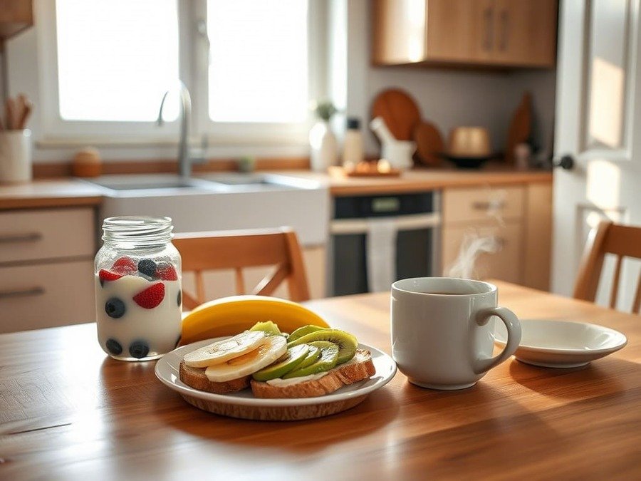 Mesa de café da manhã com frutas frescas, iogurte, pão integral e uma xícara de bebida quente, transmitindo equilíbrio e energia.