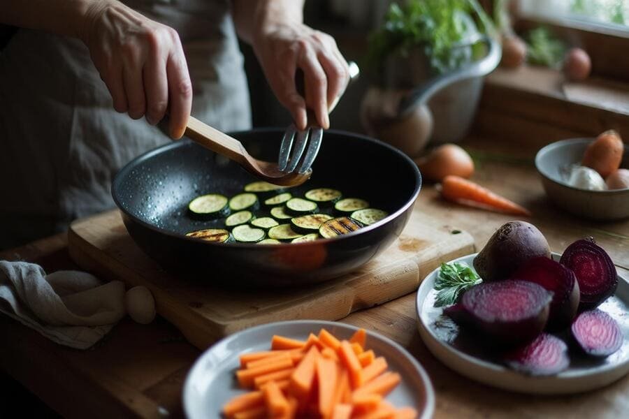 Mãos preparando pratos leves com legumes como abobrinha, beterraba e cenoura numa cozinha caseira.