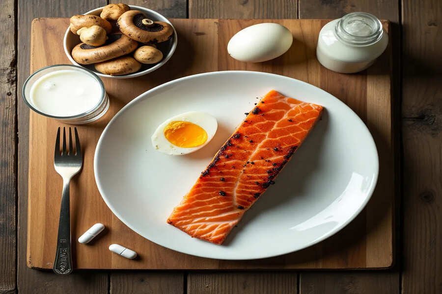 Mesa de madeira com salmão grelhado, ovos cozidos, cogumelos shiitake, leite fortificado e cápsulas de vitamina D.